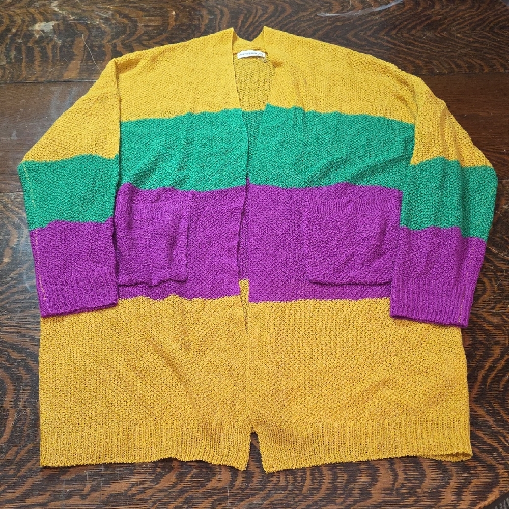ANDTHEWHY Mardi Gras block  colors open‎ front lightweight cardigan Size s/m